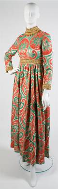 An Oscar de la Renta Red and Green Brocade Evening Gown