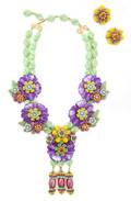 A Stanley Hagler Purple and Green Floral Necklace with Matching Earclips
