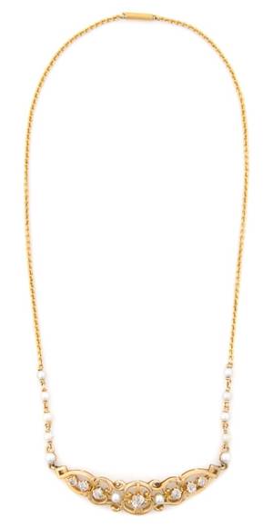 A 14 Karat Yellow Gold Cultured Pearl and Diamond Necklace