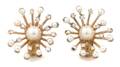 A 14 Karat Yellow Gold Cultured Pearl and Diamond Starburst Earclips