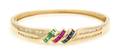 A 14 Karat Yellow Gold Diamond Blue Sapphire Emerald and Ruby Bangle Bracelet Cardova