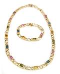 A 14 Karat Yellow Gold Multi Color Synthetic Sapphire Necklace and Bracelet