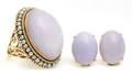 A 14 Karat Yellow Gold Lavendar Jade  Seed Pearl Ring and Pair of Earrings