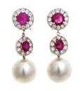 A Pair of 18 Karat White Gold Cultured South Sea Pearl Ruby and Diamond Earclips