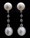 A Pair of 18 Karat White Gold Cultured South Sea Pearl and Diamond Earrings