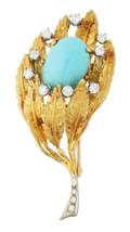 An 18 Karat Yellow Gold Turquoise and Diamond Brooch