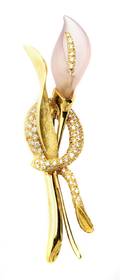 An 18 Karat Yellow Gold Carved Rose Quartz and Diamond Brooch in a Calla Lily Motif Henry Dunay