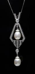 A 14 Karat White Gold Diamond and Cultured Pearl Necklace