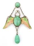 An Art Nouveau Silver Green Stone and Paste Enameled Winged Scarab Brooch