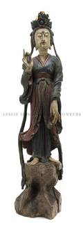 A Chinese Carved and Polychrome Decorated Figure of Guanyin