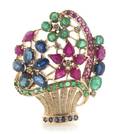 A 14 Karat Yellow Gold Sapphire Ruby Emerald and Diamond Flower Basket Brooch
