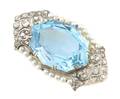 An 18 Karat White Gold Aquamarine Seed Pearl and Diamond Brooch