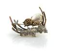 A 14 Karat TwoTone Gold Cultured Freshwater Pearl Diamond and Emerald Bird and Leaf Brooch