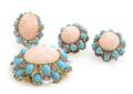 A Set of 14 Karat Yellow and White Gold Angelskin Coral Ruby and Synthetic Turquoise Jewelry