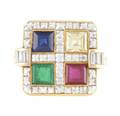 An 18 Karat Yellow Gold Diamond Emerald Ruby and Sapphire Ring