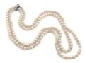 A Double Strand Cultured Pearl Necklace with Platinum Emerald and Diamond Clasp