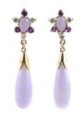 A Pair of 14 Karat Yellow Gold Lavender Jadeite Amethyst and Diamond Earrings