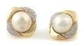 A Pair of 14 Karat Yellow Gold Mabe Pearl and Diamond Earrings