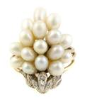 A 14 Karat White Gold Cultured Pearl and Diamond Cluster Ring