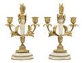 A Pair of Louis XVI Style Gilt Bronze and Marble ThreeLight Candelabra