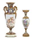 Two Continental Champleve and Gilt Metal Mounted Porcelain Urns