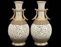PAIR OF GRAINGER WORCESTER RETICULATED PORCELAIN VASES