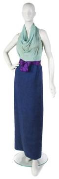 A Bob Bugnand Blue Wool and Aqua Silk Chiffon Evening Gown