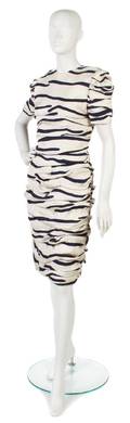 A Bill Blass Cream and Navy Striped Dress