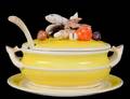 YELLOW AND WHITE GLAZED CERAMIC TUREEN COVER LADLE