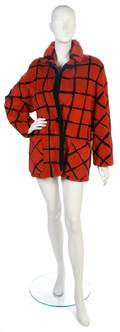 A Red and Black Grid Pattern Fur Jacket