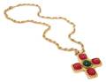 A Chanel Gripoix Red and Green Maltese Cross Pendant Necklace