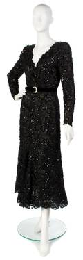 An Oscar de la Renta Black Lace and Sequin Evening Gown