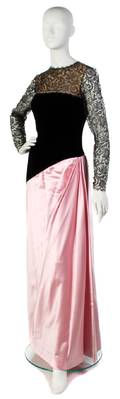 A Bill Blass Black Lace and Velvet and Pink Silk Evening Gown
