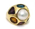 A 14 Karat Yellow Gold Mabe Pearl and Multi Color Gem Ring