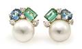 A Pair of 18 Karat Yellow Gold Cultured South Sea Pearl Aquamarine Green Tourmaline and Diamond Earclips