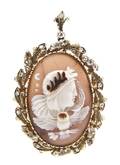 A 14 Karat Two Tone Gold Hardstone Cameo and Diamond Brooch