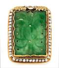 A 14 Karat Yellow Gold Carved Jade and Seed Pearl Ring