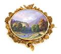A Victorian 18 Karat Yellow Gold and Enameled Landscape Brooch