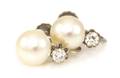 A Pair of 14 Karat White Gold Cultured Pearl and Diamond Earrings