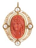 An 18 Karat Yellow Gold Coral Cameo and Cultured Pearl Brooch