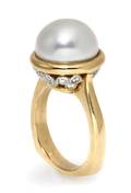 An 18 Karat Yellow Gold Platinum Cultured South Sea Pearl and Diamond Ring