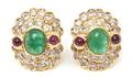 A Pair of 18 Karat Yellow Gold Diamond Ruby and Emerald Earclips