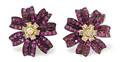A Pair of Yellow Gold Silver Ruby and Diamond Flower Earclips