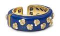 An 18 Karat Yellow Gold Diamond Yellow Sapphire Cultured Pearl and Lapis Lazuli Cuff Bracelet de Grisogono