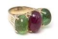 A 14 Karat Yellow Gold Pink and Green Tourmaline Ring