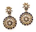 A Pair of 14 Karat Yellow Gold Cultured Pearl and Enamel Earrings