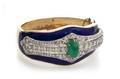 A Platinum 14 Karat Yellow Gold Emerald Cabochon Diamond and Enamel Bangle Bracelet