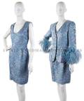 An Oscar de la Renta Blue Evening Dress Suit with Feather Trim