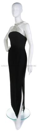A Thierry Mugler Black and Beaded Neckline Evening Gown