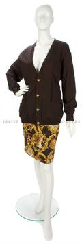 A Ferragamo Brown Wool and Silk Sweater and Skirt Ensemble